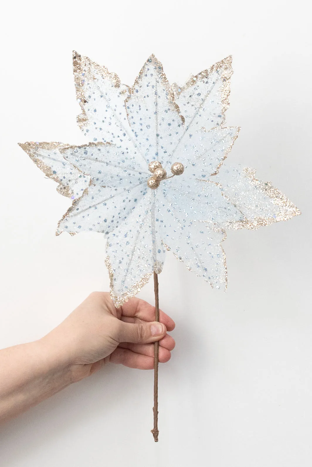 11" x 18" Glittered Fabric Poinsettia Pick: Pale Blue & Gold