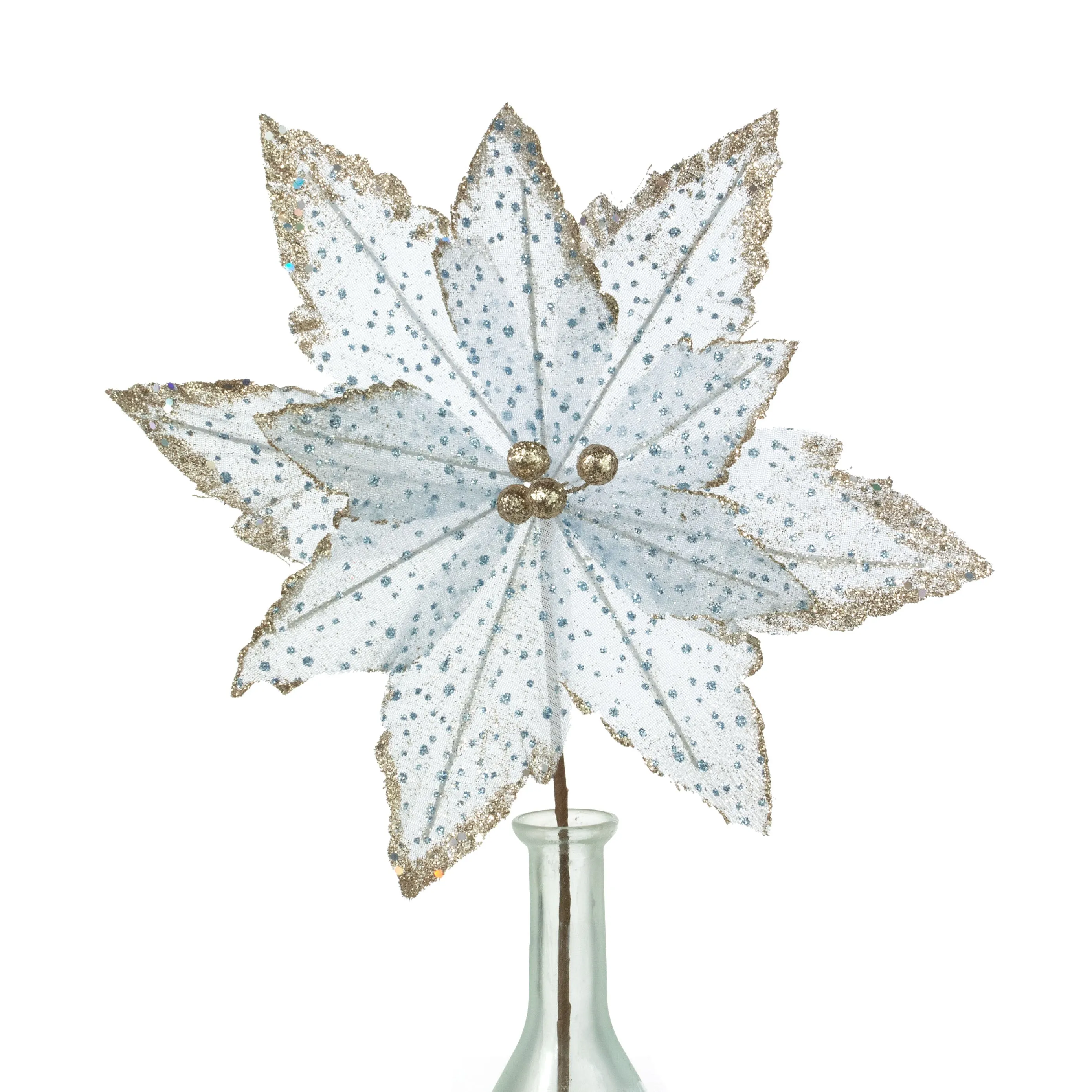 11" x 18" Glittered Fabric Poinsettia Pick: Pale Blue & Gold