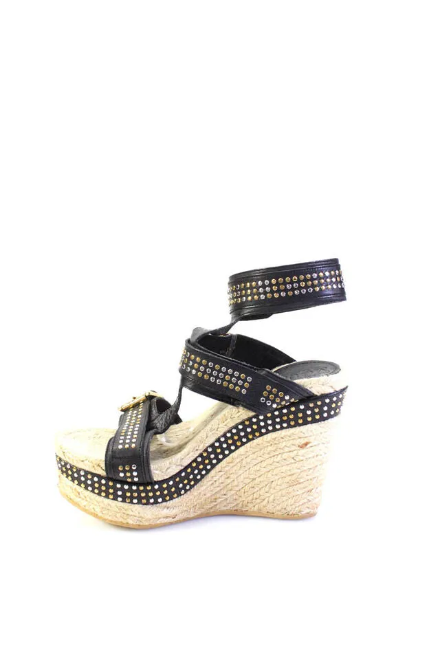 Alexander McQueen UK. Black Espadrille Stud Wedge Heels Sandals Shoes Size 10