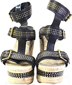 Alexander McQueen UK. Black Espadrille Stud Wedge Heels Sandals Shoes Size 10