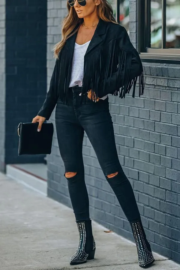 All Night Cropped Fringe Faux Suede Jacket