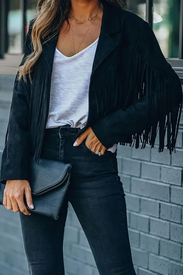 All Night Cropped Fringe Faux Suede Jacket