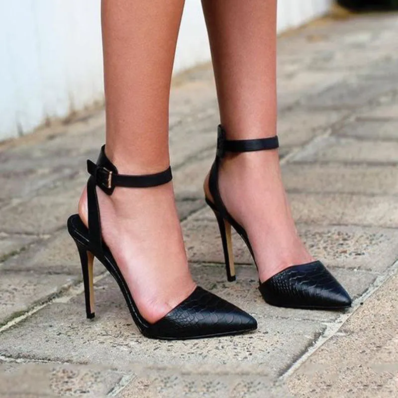 Black Leather Buckle Pointed Toe Sandals