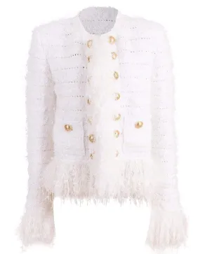 Blanc Collarless Fringe Tweed Jacket