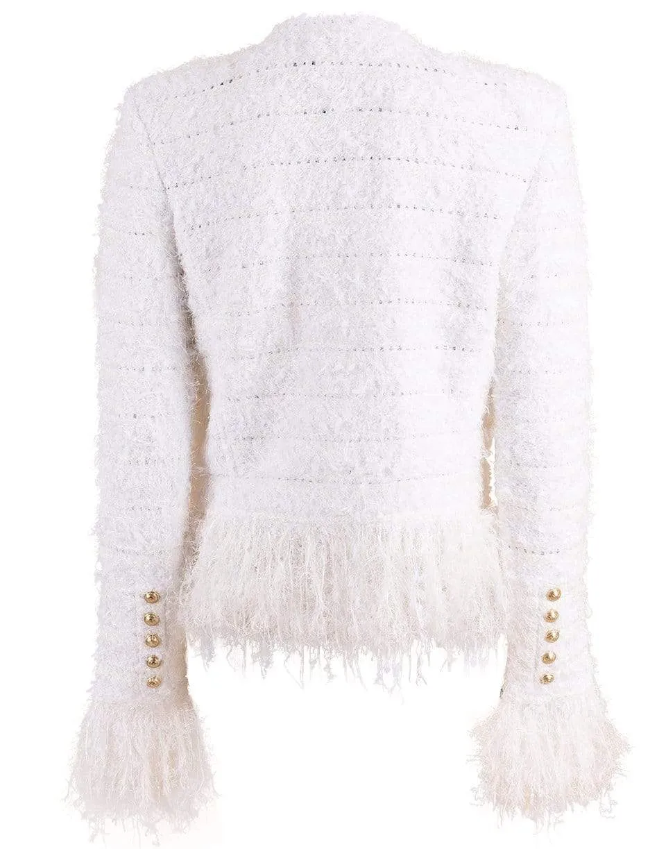 Blanc Collarless Fringe Tweed Jacket