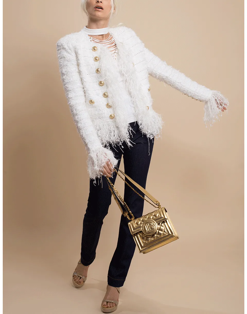 Blanc Collarless Fringe Tweed Jacket