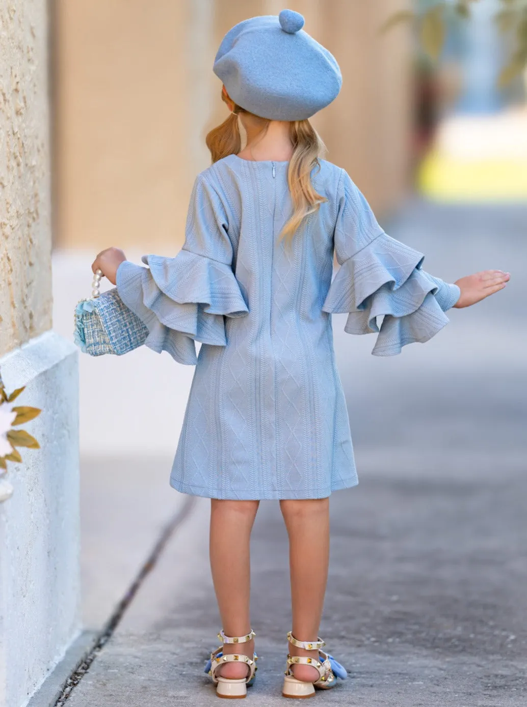 Blue Cable Knit Tiered Sleeve Sweater Dress