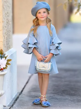 Blue Cable Knit Tiered Sleeve Sweater Dress