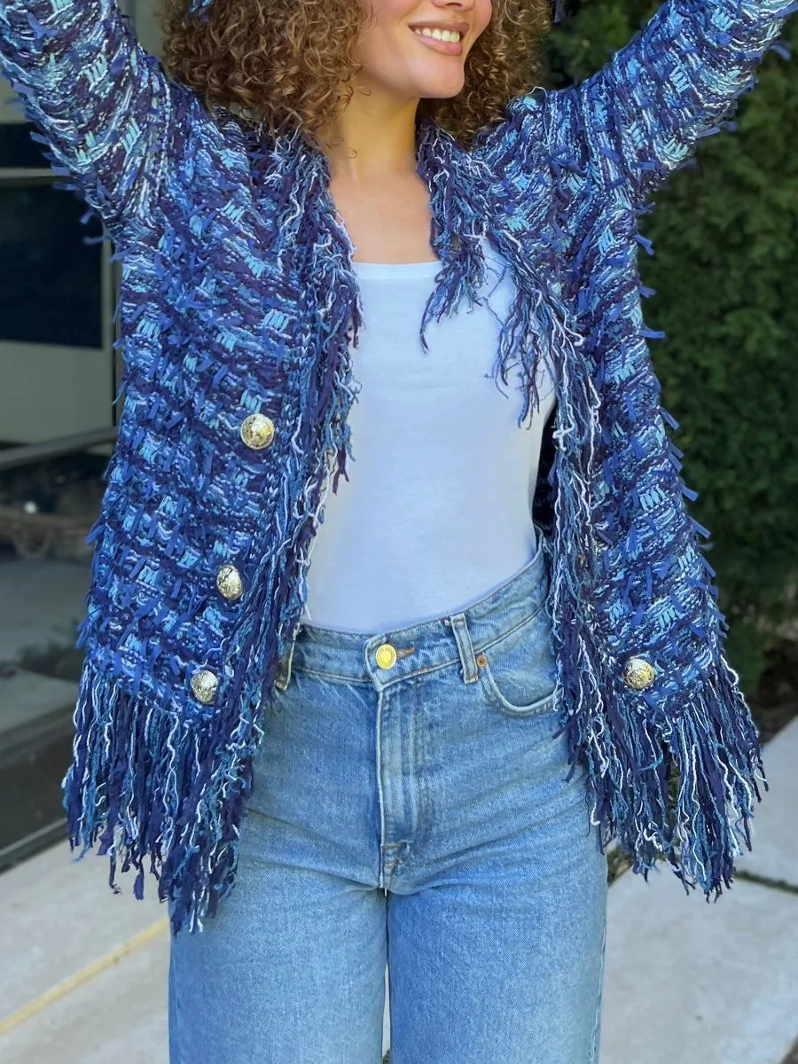 Blue Open Front Fringe Jacket