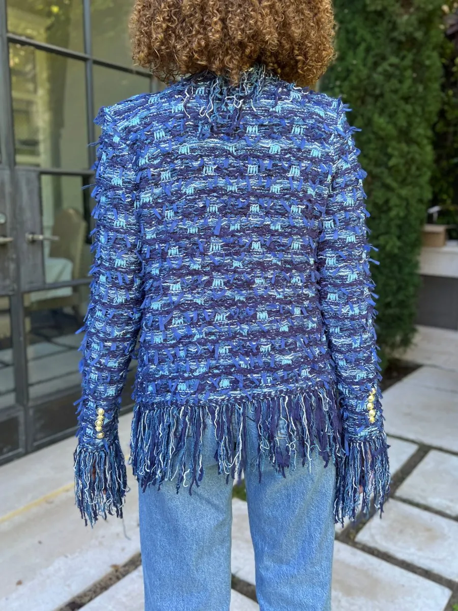 Blue Open Front Fringe Jacket