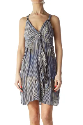 Blue Striped V-Neck Sleeveless Dress