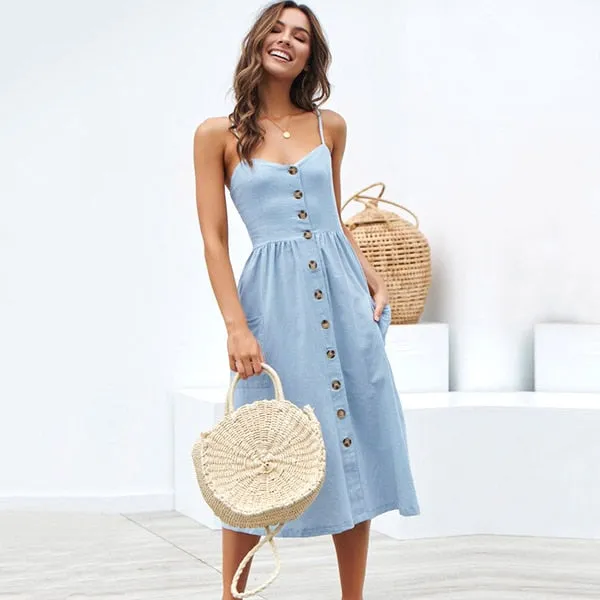 Boho Sexy Floral Dress Summer Vintage Casual Sundress Female Beach Dress Midi Button Backless