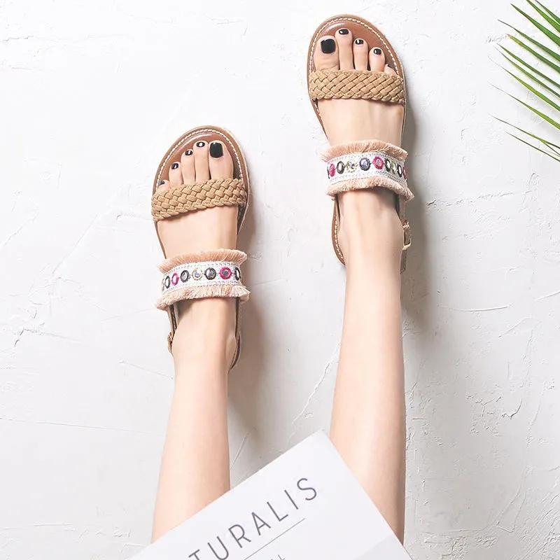 BOOPDO EMBELLISHED FLAT SANDALS WITH TASSEL TRIMS