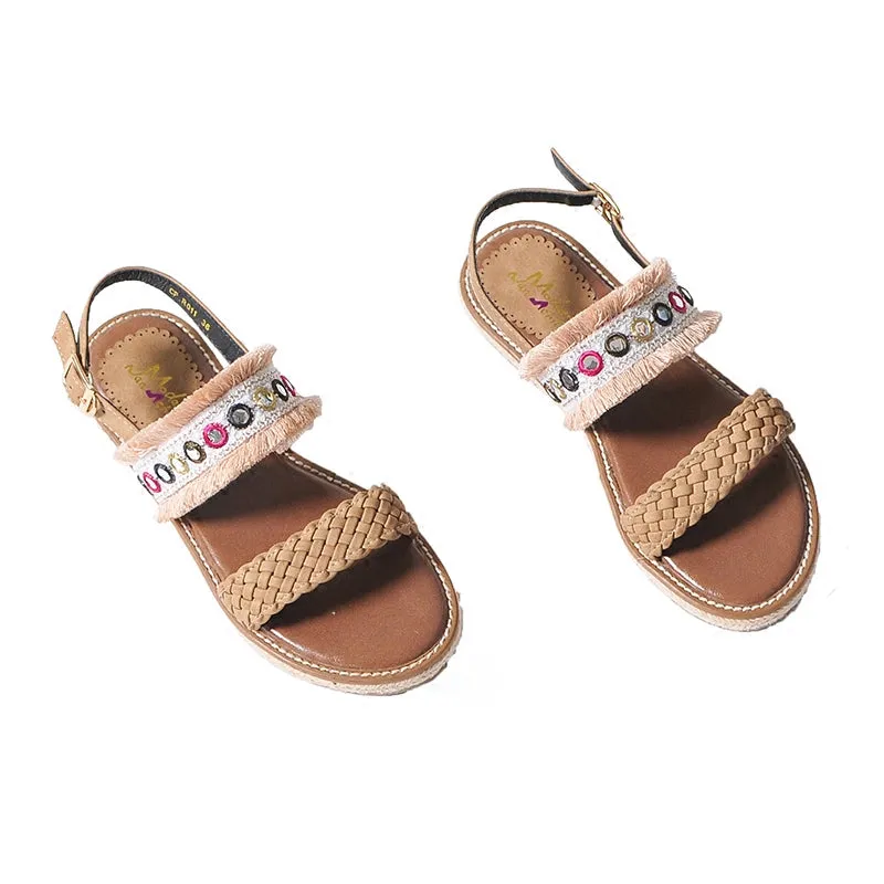 BOOPDO EMBELLISHED FLAT SANDALS WITH TASSEL TRIMS