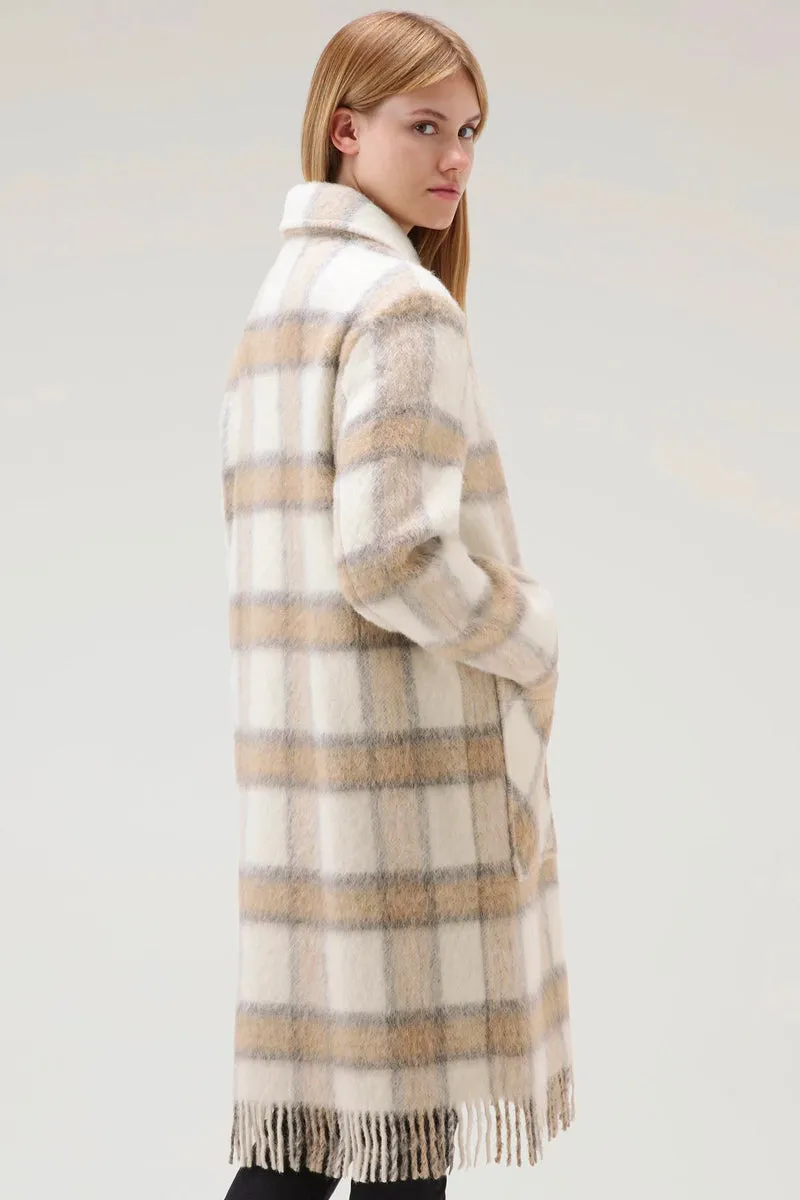 Brushed Wool Long Overshirt with Fringe Cream Check