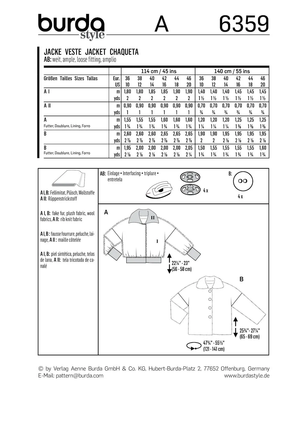 Burda Pattern B6359 Misses' Fur Coats