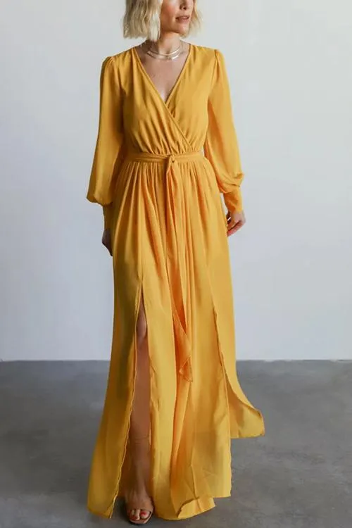 Button Puff Sleeve Belted Maxi Dress