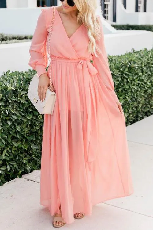 Button Puff Sleeve Belted Maxi Dress