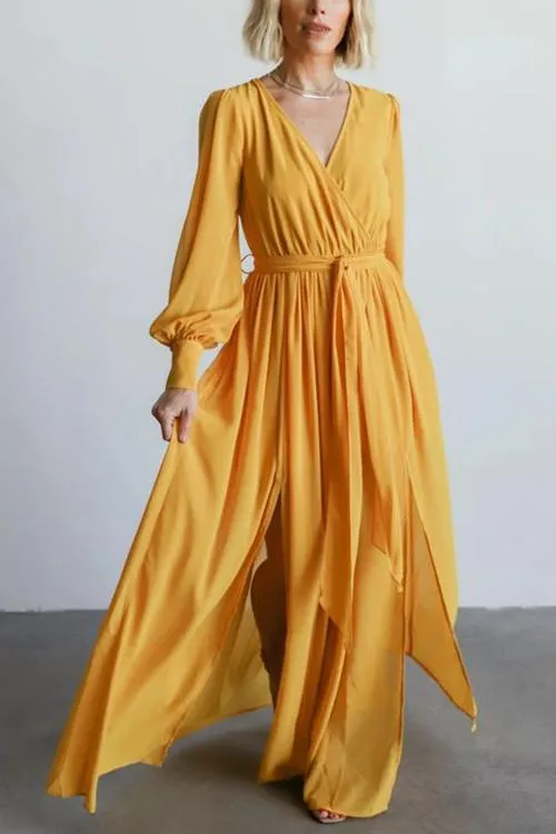 Button Puff Sleeve Belted Maxi Dress