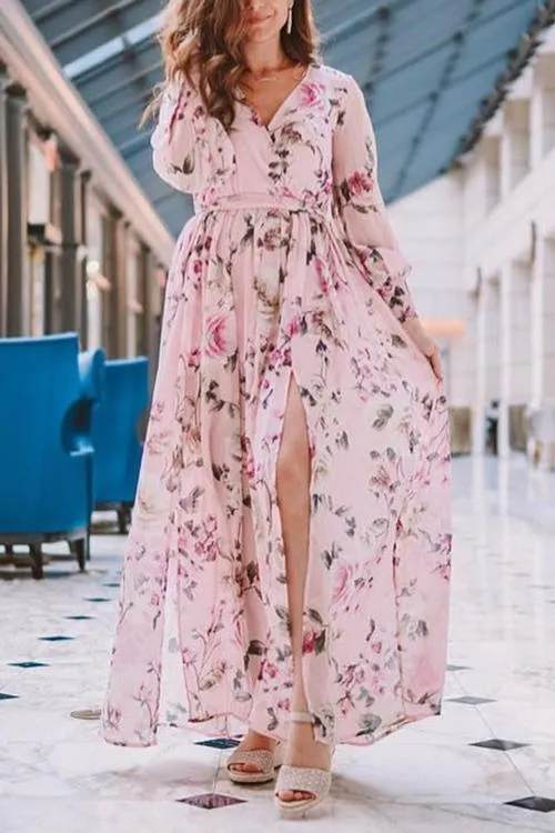 Button Puff Sleeve Belted Maxi Dress