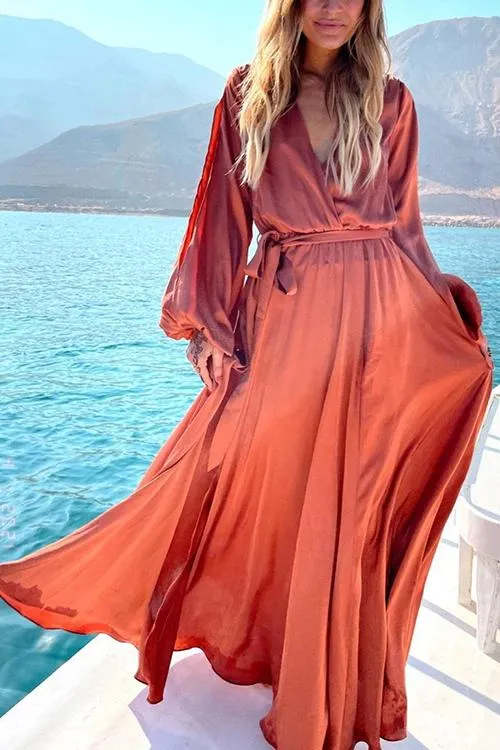 Button Puff Sleeve Belted Maxi Dress