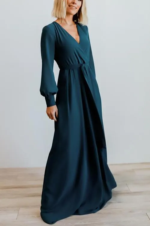 Button Puff Sleeve Belted Maxi Dress