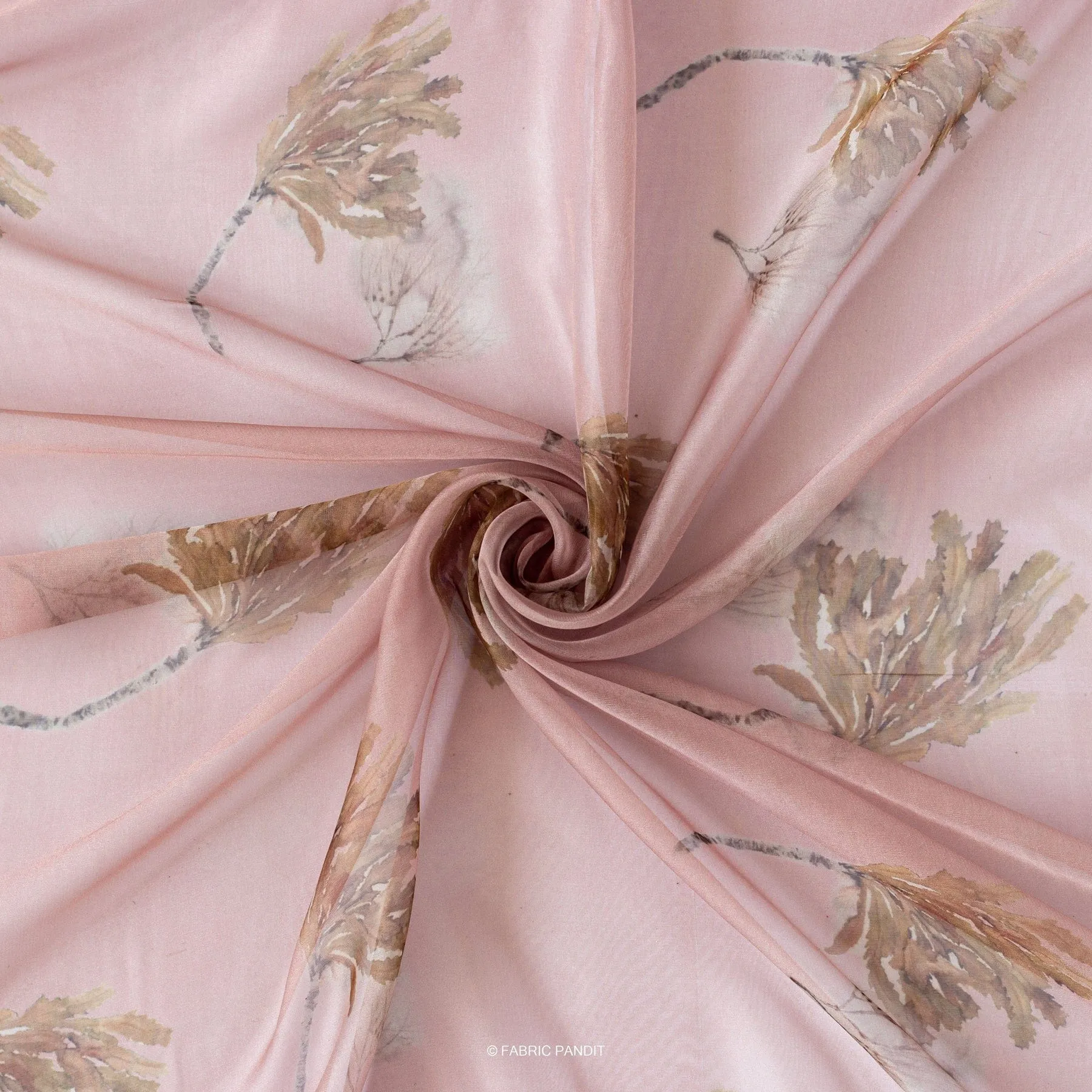 Carnation Pink Singing Leaves Digital Printed Taby silk Fabric (Width 44 Inches)