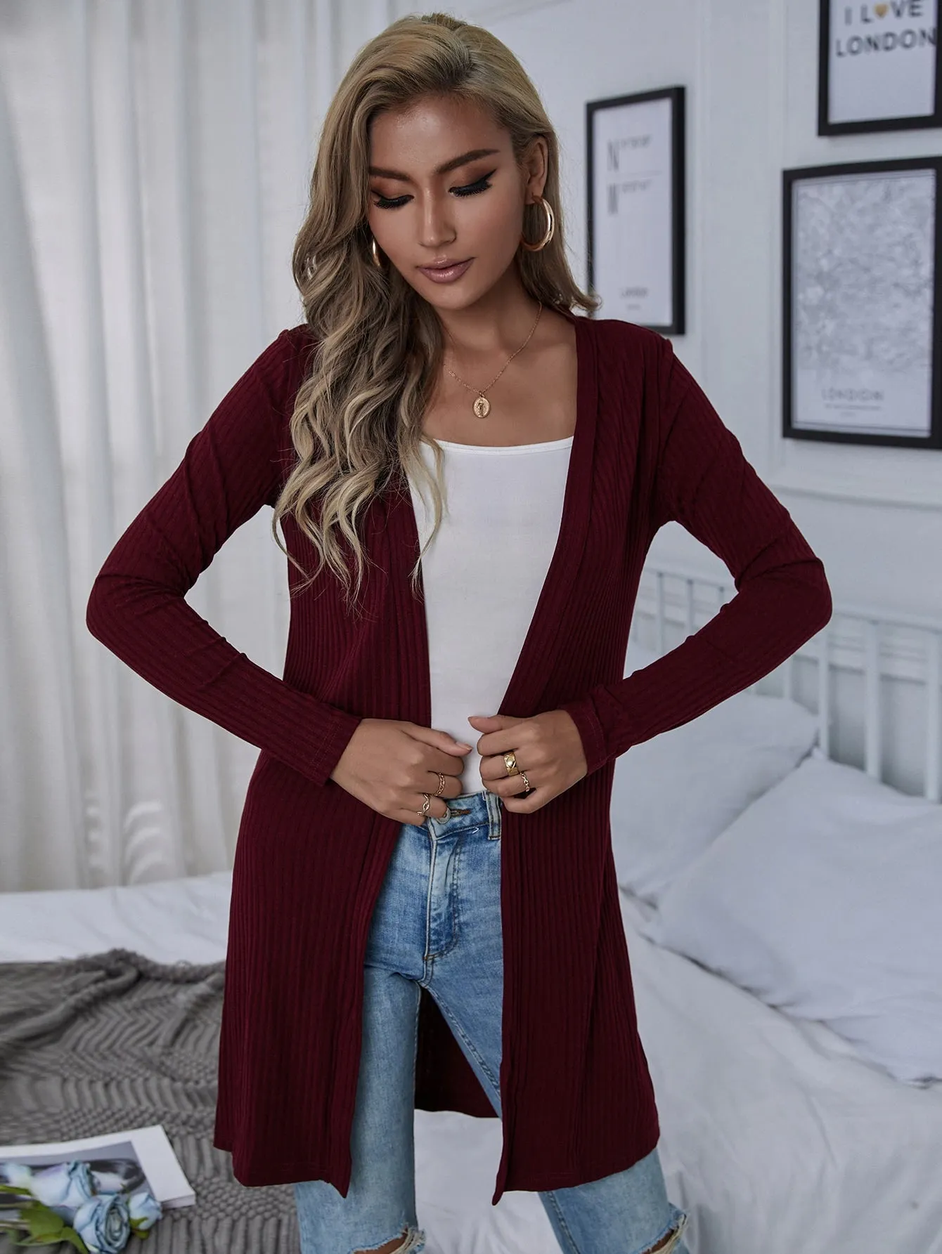 Casual Plain Rib-Knit Long Sleeve Short Women Coat