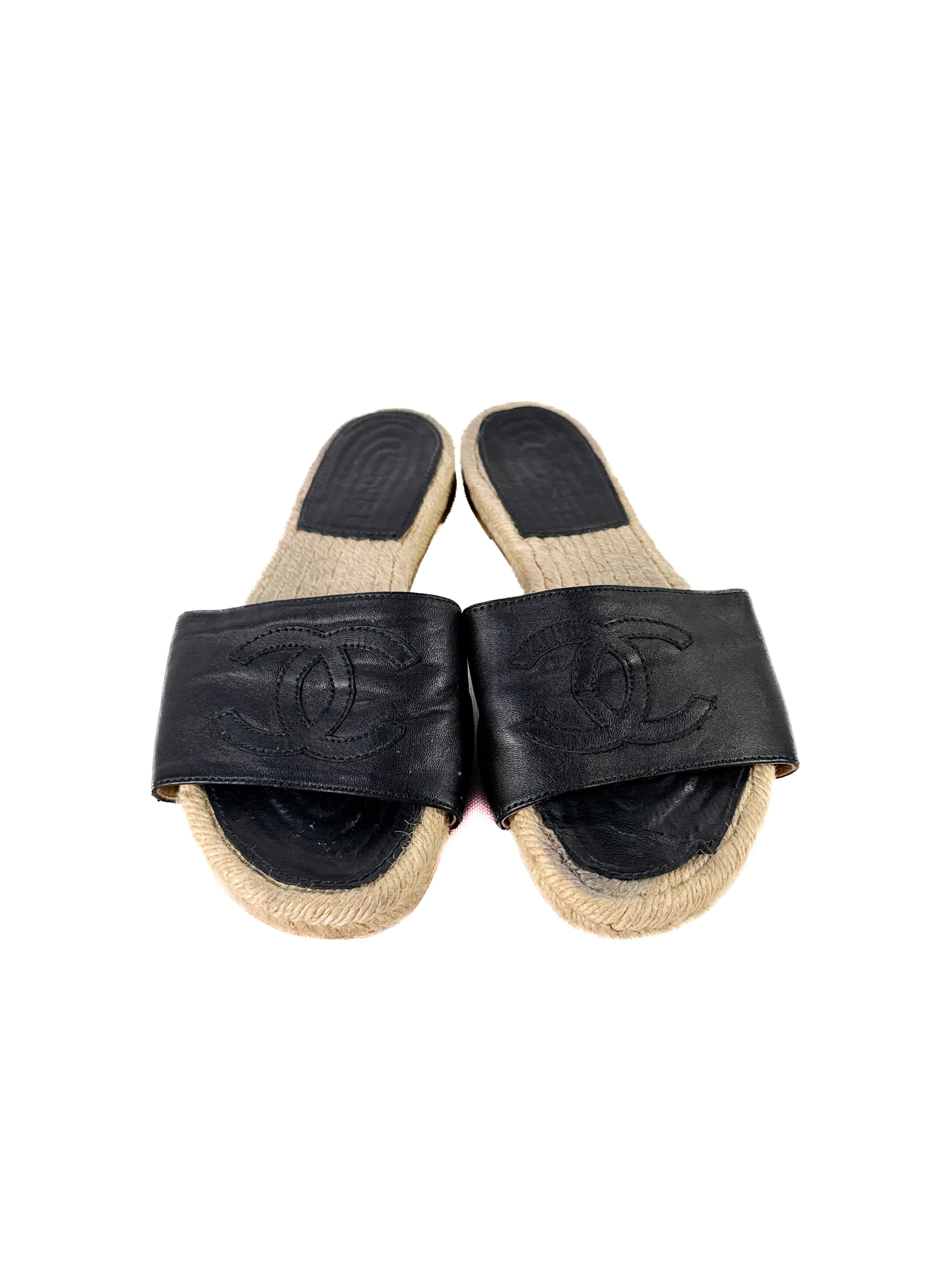 Chanel black leather espadrille slide sandals size 38