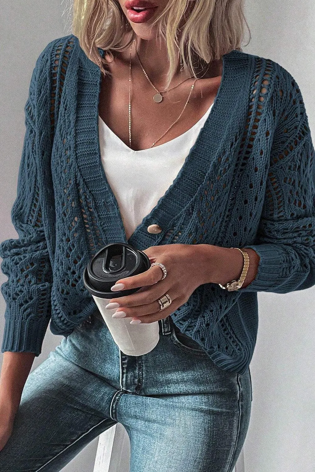 Dark Khaki Open Knit Drop Shoulder