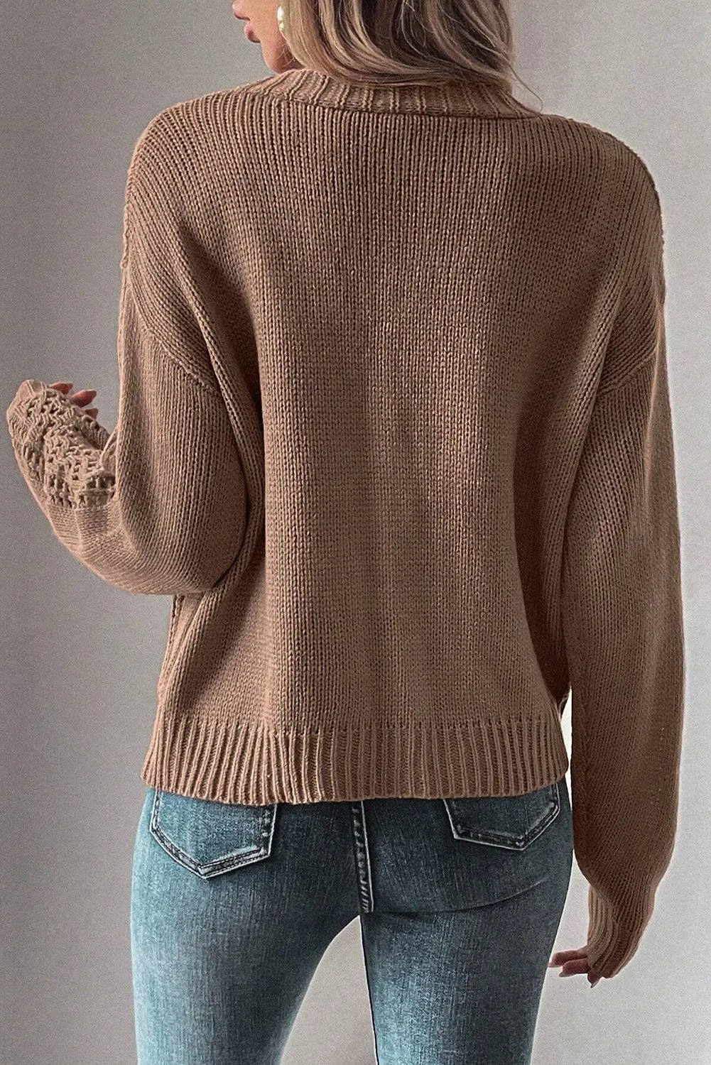 Dark Khaki Open Knit Drop Shoulder