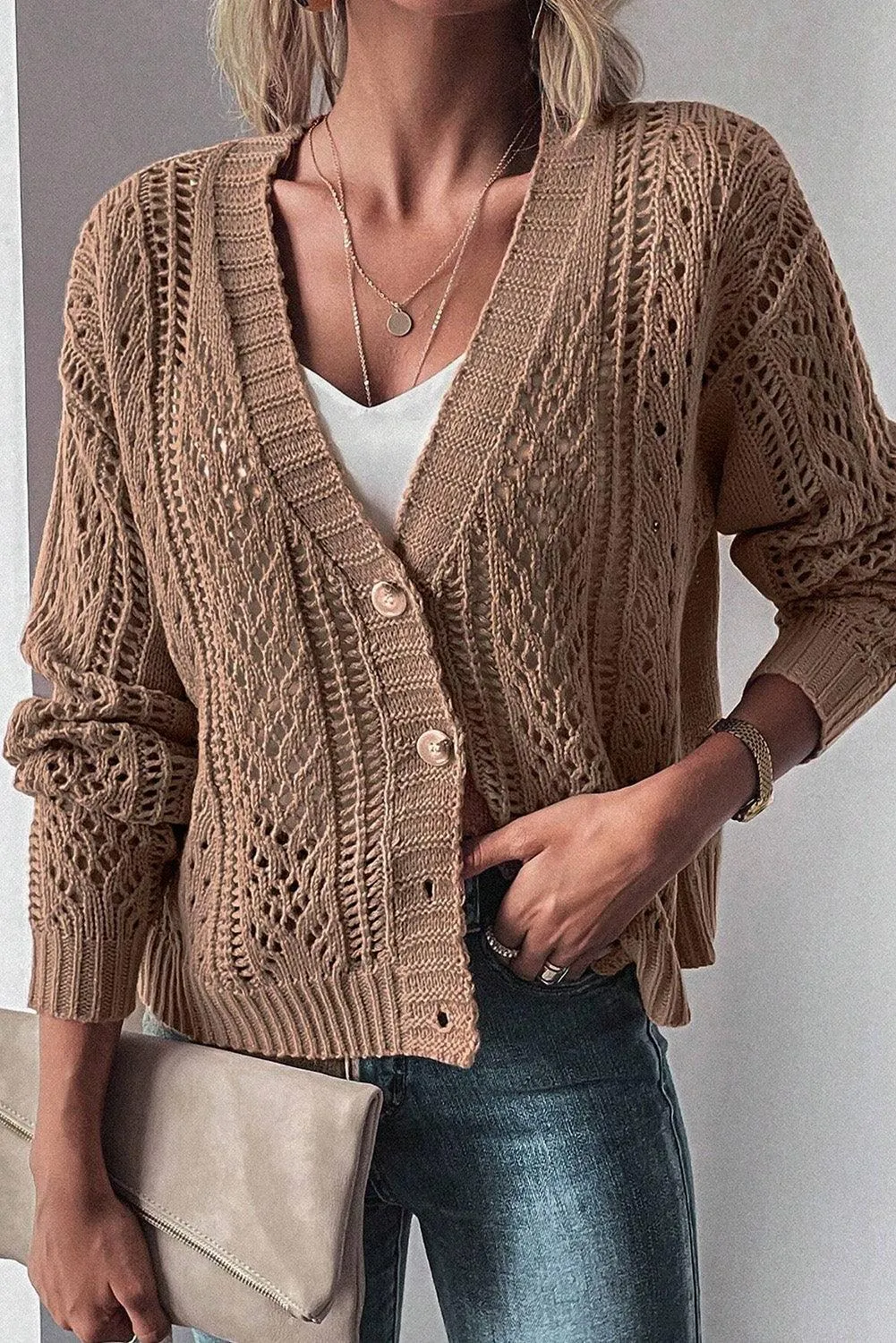 Dark Khaki Open Knit Drop Shoulder