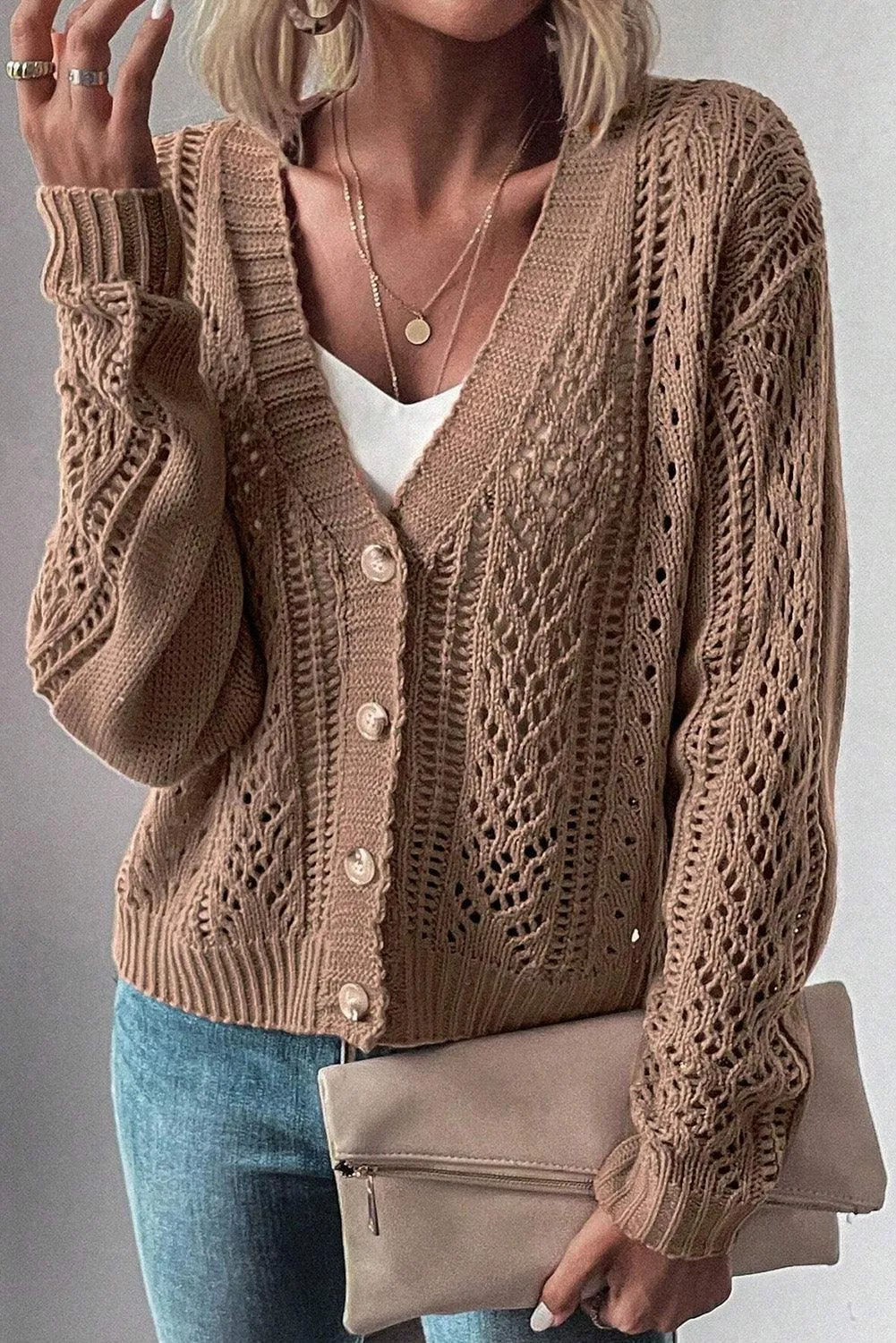 Dark Khaki Open Knit Drop Shoulder