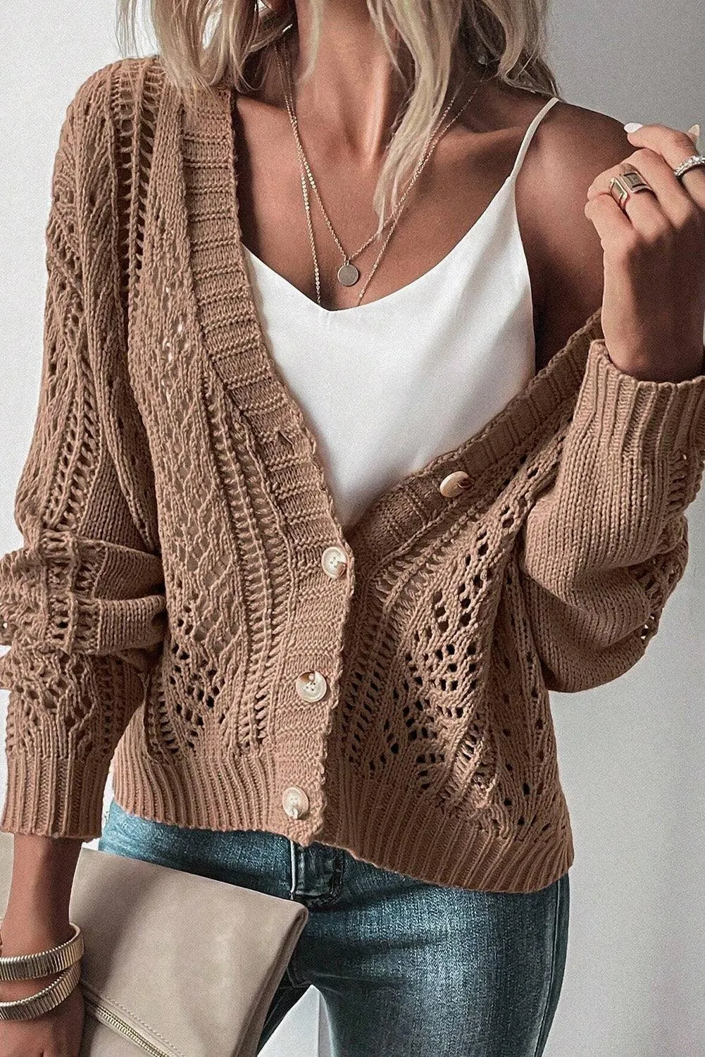 Dark Khaki Open Knit Drop Shoulder