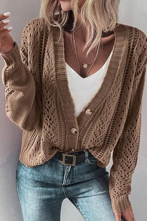 Dark Khaki Open Knit Drop Shoulder