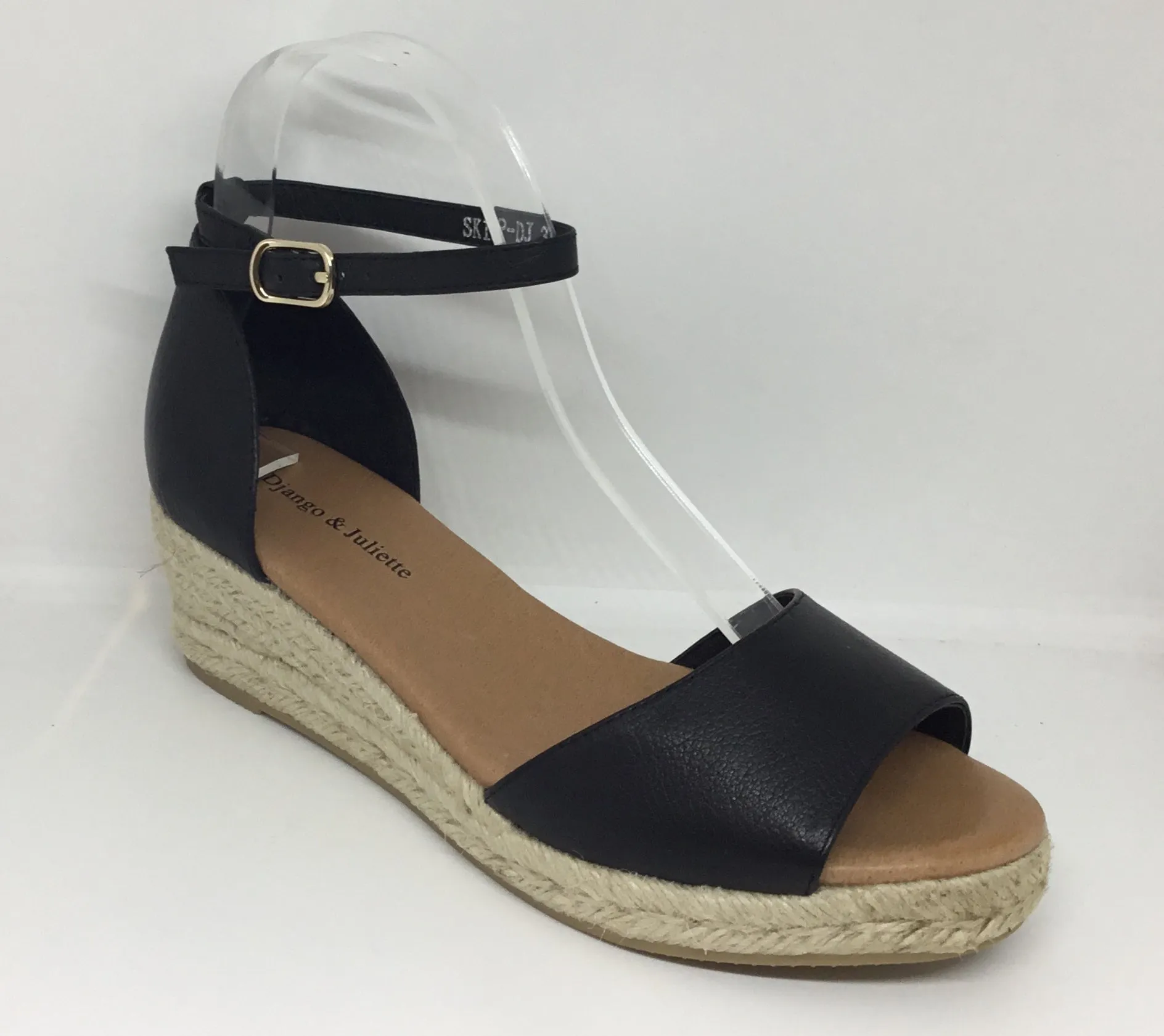 Django & Juliette Skip Black Leather Espadrille Wedge