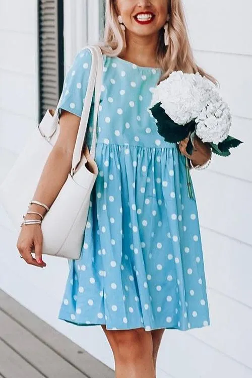 Dot Pockets Short Sleeve Swing Dress