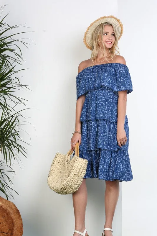 Dot Print Off The Shoulder Layered Ruffle Dress