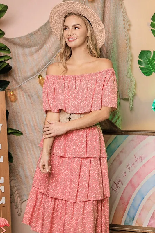 Dot Print Off The Shoulder Layered Ruffle Dress