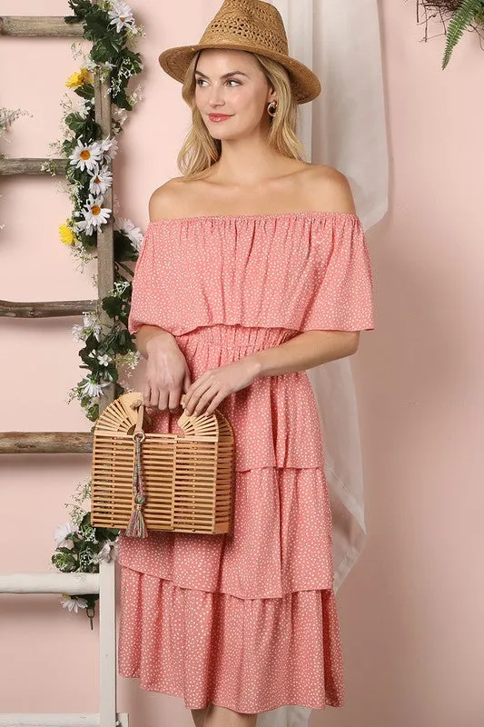 Dot Print Off The Shoulder Layered Ruffle Dress