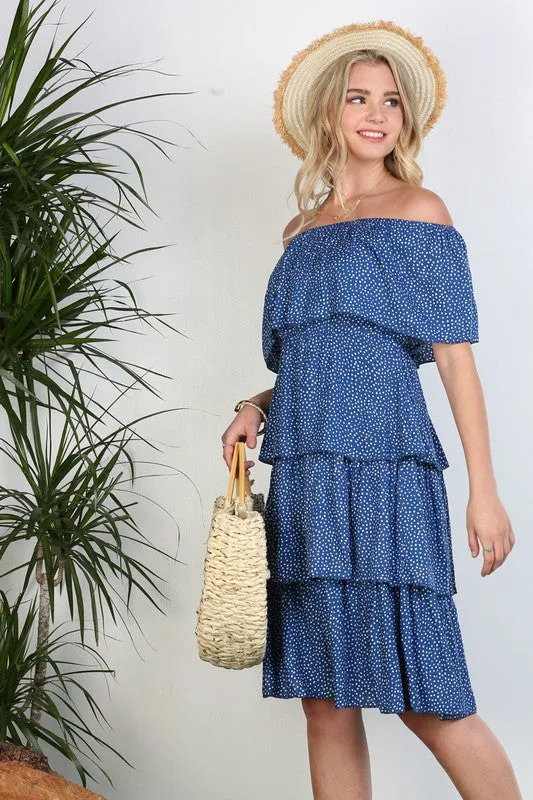 Dot Print Off The Shoulder Layered Ruffle Dress