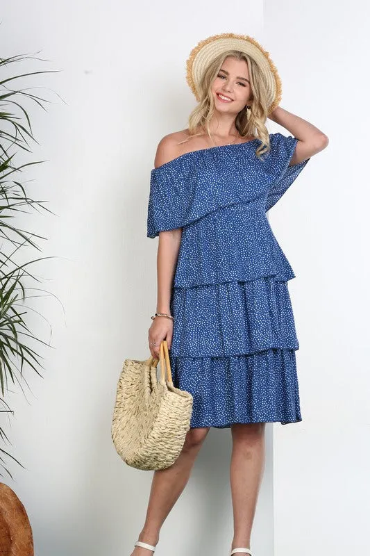 Dot Print Off The Shoulder Layered Ruffle Dress