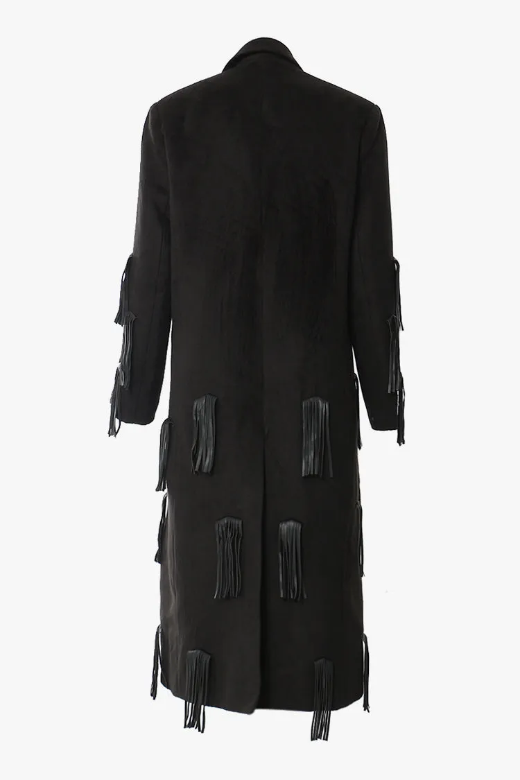 Edge Vegan Leather Fringe Lapel Shoulder Pad One Button Wool Blend Coat