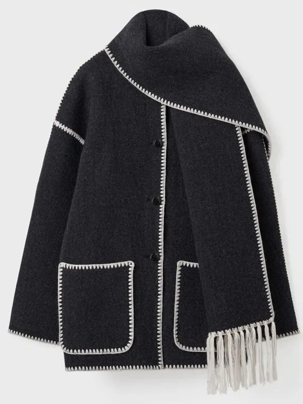 Embroidered Fleece Jacket with Fringe Scarf