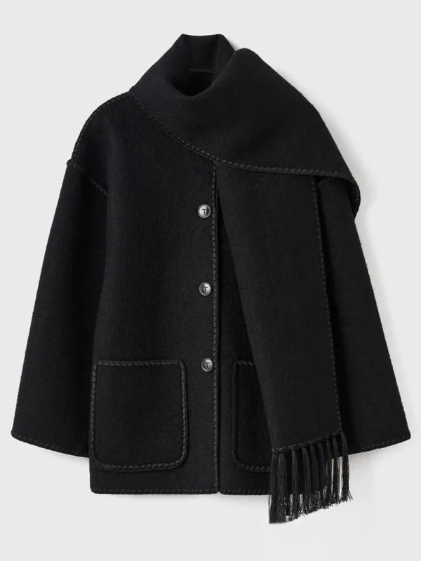 Embroidered Fleece Jacket with Fringe Scarf