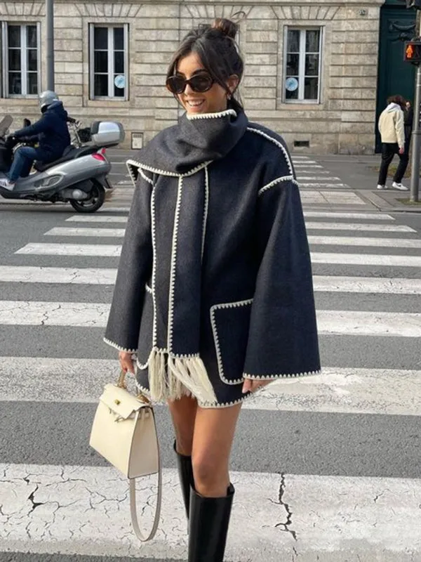 Embroidered Fleece Jacket with Fringe Scarf