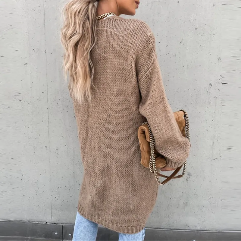 FashionSierra - Women Casual Long Sleeve O-Neck Cardigan Solid Loose Knit Coats