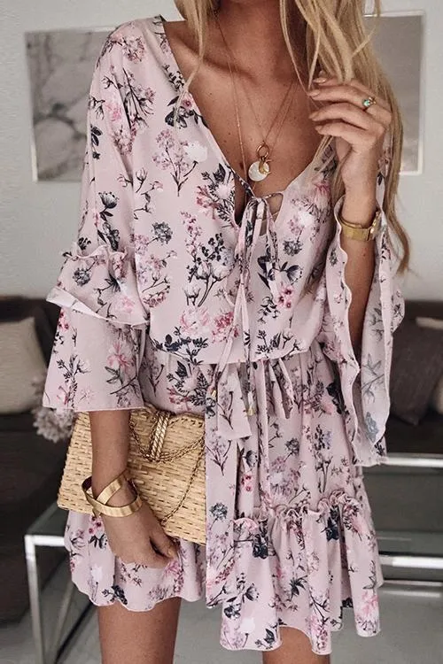 Floral Print Flares Sleeve Ruffles Mini Dress