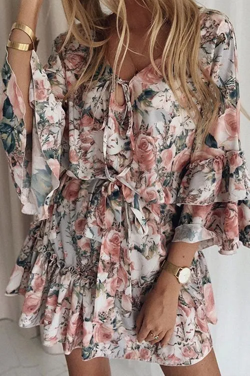 Floral Print Flares Sleeve Ruffles Mini Dress