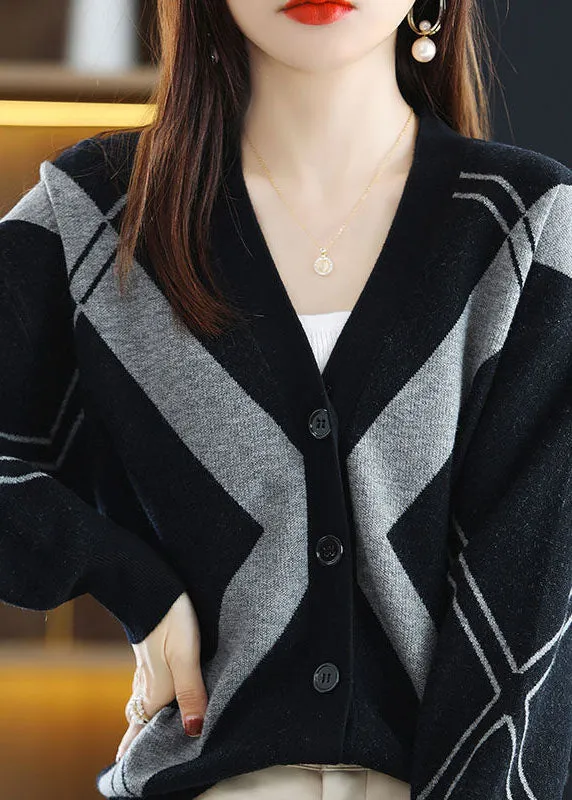 French Black Grey V Neck Print Lazy Knit Coats Long Sleeve